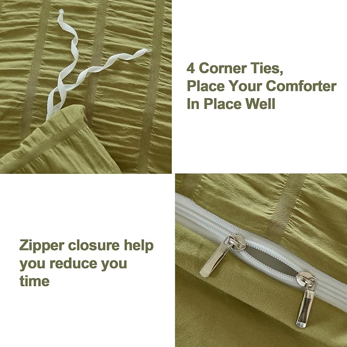 AveLom Olive Green Seersucker Duvet Cover Set King Size (104 x 90 inches), 3 Pieces (1 Duvet Cover + 2 Pillowcases), Ultra Soft Washed Microfiber, Textured Duvet Cover with Zipper Closure, Corner Ties