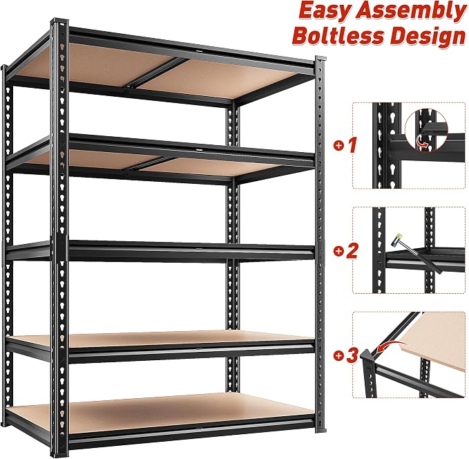 REIBII 4 Pack Storage Shelves,5 Tier Heavy Duty Metal Garage Shelving | 5 Tier Freestanding Metal Shelving,2400 LBS Per Unit,72"H x 36"W x 16"D Each,Adjustable for Warehouses,Stockrooms & Retail