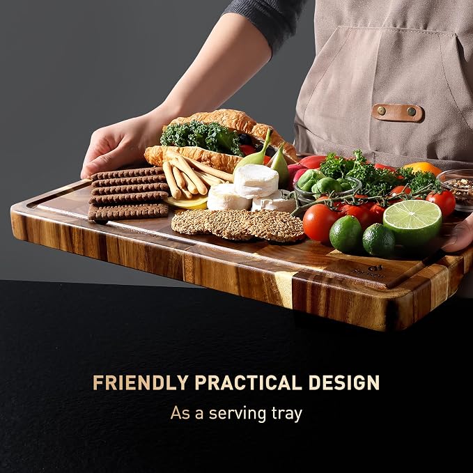 End Grain Cutting Board for Kitchen with Non-slip Feet, Acacia Wood Heavy Duty Checkered Cutting Board Upgraded Chopping Board with Juice Groove & Handle Large Wooden Butcher Block with Gift Box