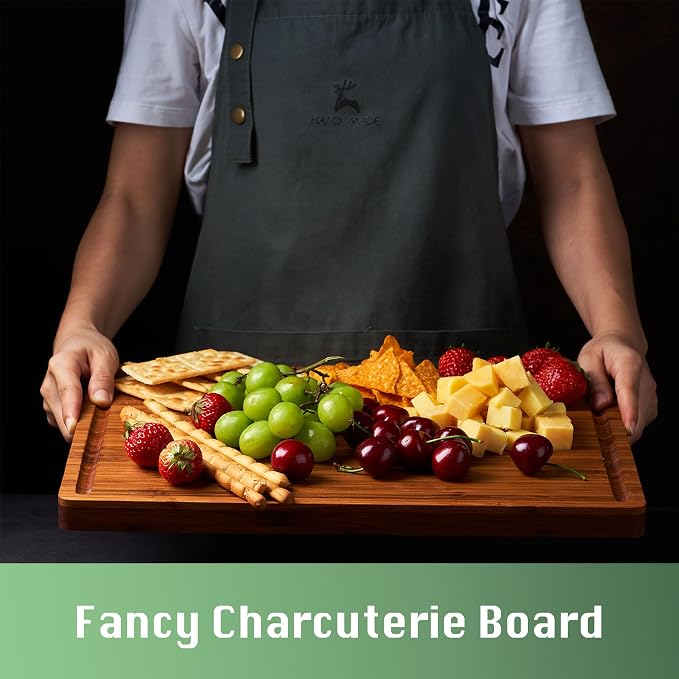 Allsum Large Wood Cutting Board for Kitchen, 1” Thick Bamboo Cheese Charcuterie Board, Butcher Chopping Block, with Juice Grooves and Handles