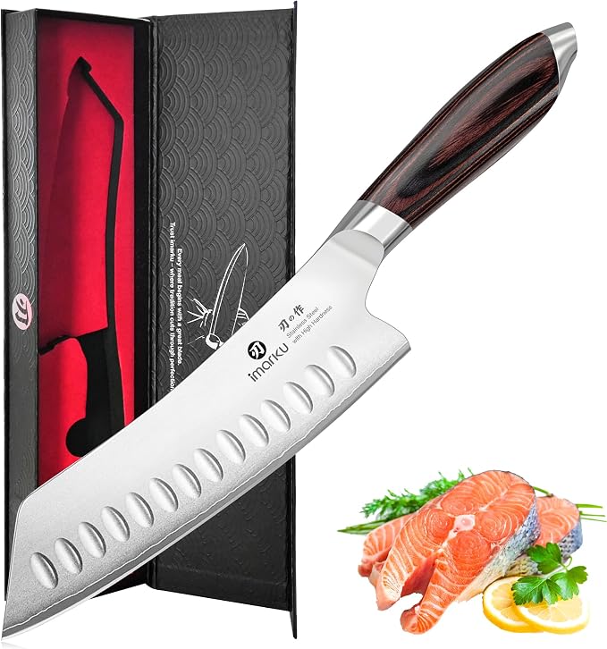 imarku Japanese Santoku Knife 7 Inch, 10Cr15CoMoV 3-Layer Stainless Steel | Ultra-sharp hollow-edge kitchen chef knife 59±2 HRC, lasting sharpness & rust resistant, ergonomic Pakkawood grip, gift-ready