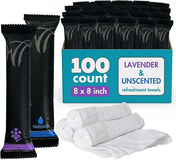 White Towel Services 8" x 8" in Moist Cotton Towel Individually Wrapped - Lavender and Unscented (Case of 100) - Single-Use Oshibori Style Cotton Hospitality Towels