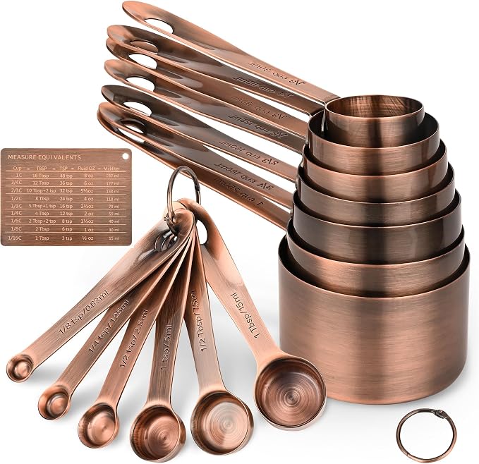 Copper Measuring Cups and Spoons Set 16, Dry&Liquid Stainless Steel Measuring Cups and Spoons, 7 Metric&US Measing Cups & 6 Measuring Spoons & Measure Equivalents for Kitchen&Baking