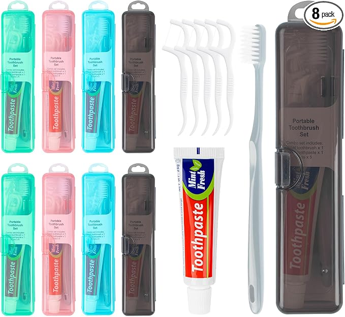 Travel Toothbrush Kit Includes Travel-Sized Toothbrushes, 25g Travel Toothpaste, 5 Floss Picks, a Travel Toothbrush Holder, Ideal for Home, Hotels (Blue, Green, Pink, Black, 8-Pack)