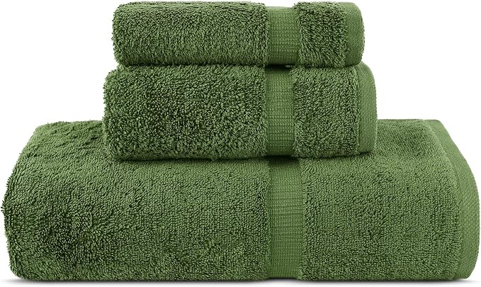 Chakir Turkish Linens Personalized 3 Piece Towel Set, 100% Cotton Luxury Turkish Towels for Bathroom, Soft Absorbent Towel Set with Bath Towel Hand Towel and Washcloth, Moss