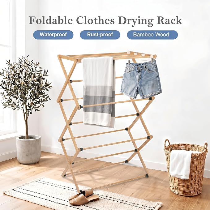 FJO Foldable Bamboo Clothes Drying Rack, 3-Tier Collapsible Laundry Clothes Hanger, Portable Wooden Drying Rack, Space Saving Indoor Outdoor, 28'' D x 15'' W x 39.3'' H, Beige