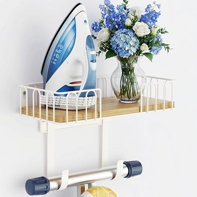 TJ.MOREE Ironing Board Hanger Metal Wall Mount Iron and Ironing Board Holder, Laundry Room Decor and Storage with Large Storage White