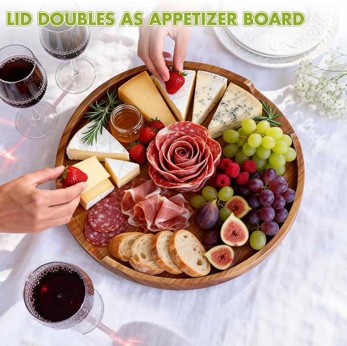 Greentainer Glass Salad Bowl with Wood Lid as Cheese Charcuterie Board and Plate,152oz Large Serving Bowl & Storage Bowl Sets with Wood Utensils - Dishwasher Safe