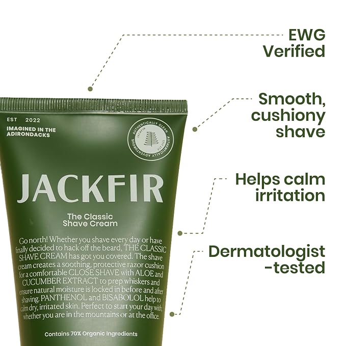 Jackfir The Classic Shave Cream - Natural Shaving Cream for Men Sensitive Skin, Face, EWG Verified, 70%+ Organic Ingredients, No Synthetic Fragrance, Dermatologist Tested, 5 fl oz