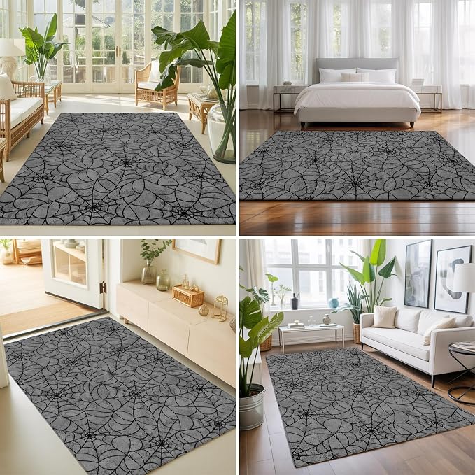 Large Area Rug 4'x6', Grey Halloween Washable Rectangular Area Rugs for Living Room Bedroom Office, Black Spiders Net Classic Gingham Non Slip Kitchen Rug Mats Indoor Floor Accent Throw Carpet