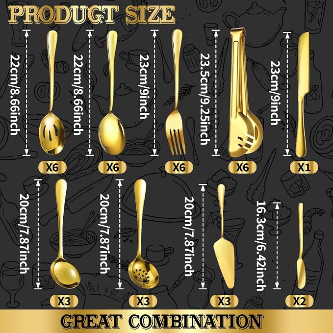36-Piece Gold Serving Utensils Set, Stainless Steel Buffet Serving Spoons with Tongs Forks Ladle – Dishwasher Safe Serveware for Wedding, Party, Catering, Holiday Gatherings