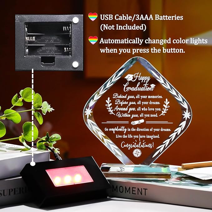 Arikyrist Graduation Gifts for Her Him Crystal Plaque with Light Base Class of 2026 College Graduation Keepsakes for Graduate Congratulations Gifts Idea for High School PHD Masters Degree