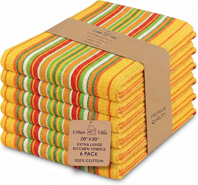Urban Villa Kitchen Towels Waffle Stripes Dish Towels for Kitchen Mustard Color Set of 6 Kitchen Towels Highly Absorbent 100% Cotton Over Sized 20X30 in with Mitered Corners Kitchen Hand Tea Towels