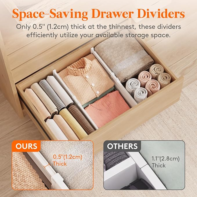 Lifewit 8" Tall 4 Pack Drawer Dividers, 13.8"-22.2" Adjustable Deep Drawer Organizer Clothes, Expandable White Plastic Separators for Dresser, Kitchen, Cabinet, Closet, Office Organization & Storage