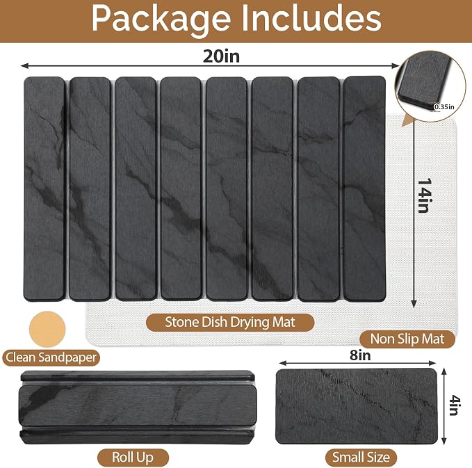 2 PCS Stone Dish Drying Mat for Kitchen Counter,Quick Dry Stone Dishes Mats,Marbled Water Absorbing Diatomaceous Earth Drying Pad for Countertop Bottles Utensils Cups（Dark Gray 20"×14" & 8"x4"）