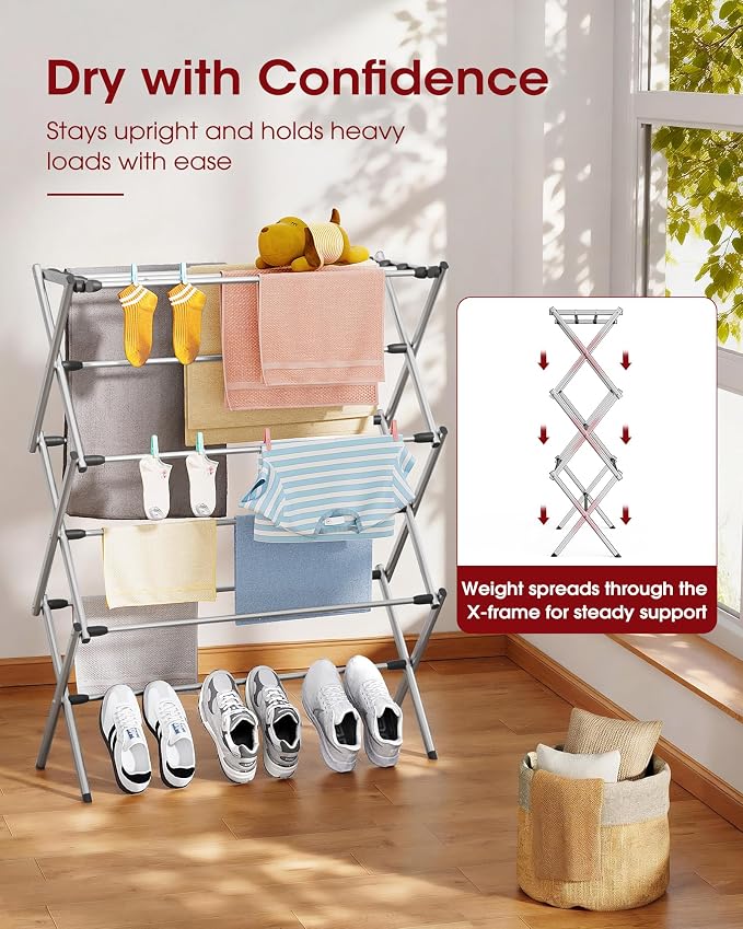 Sakugi Foldable 3-Tier Clothes Drying Rack 37.4" H with Non-Slip Feet | Indoor & Outdoor Use, Space Saving, Metal Frame, 11.4" D x 29.1" W, Silver