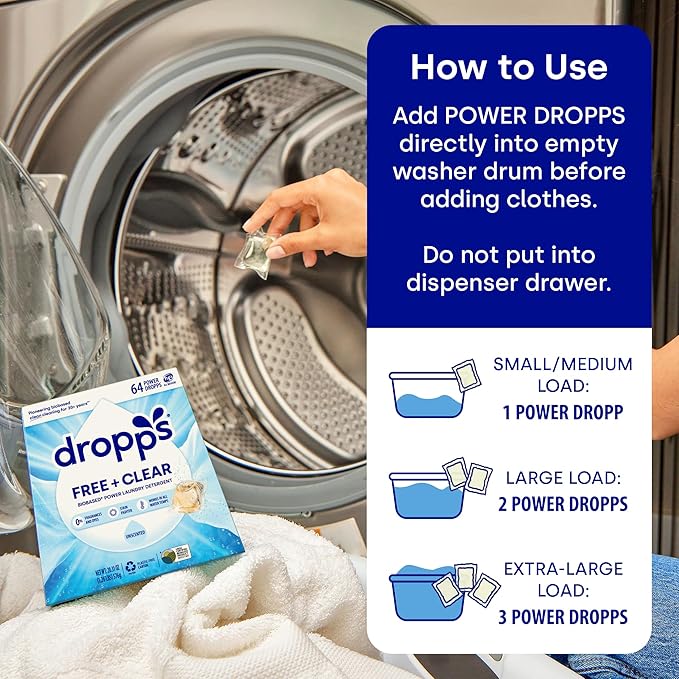 Dropps Free & Clear Laundry Detergent Pods (64 Count) - Unscented liquid Pods | Fights Odors & Stains | Free of Dyes Parabens & Perfumes | Hypoallergenic | Clean Ingredients | Plastic Free Packaging