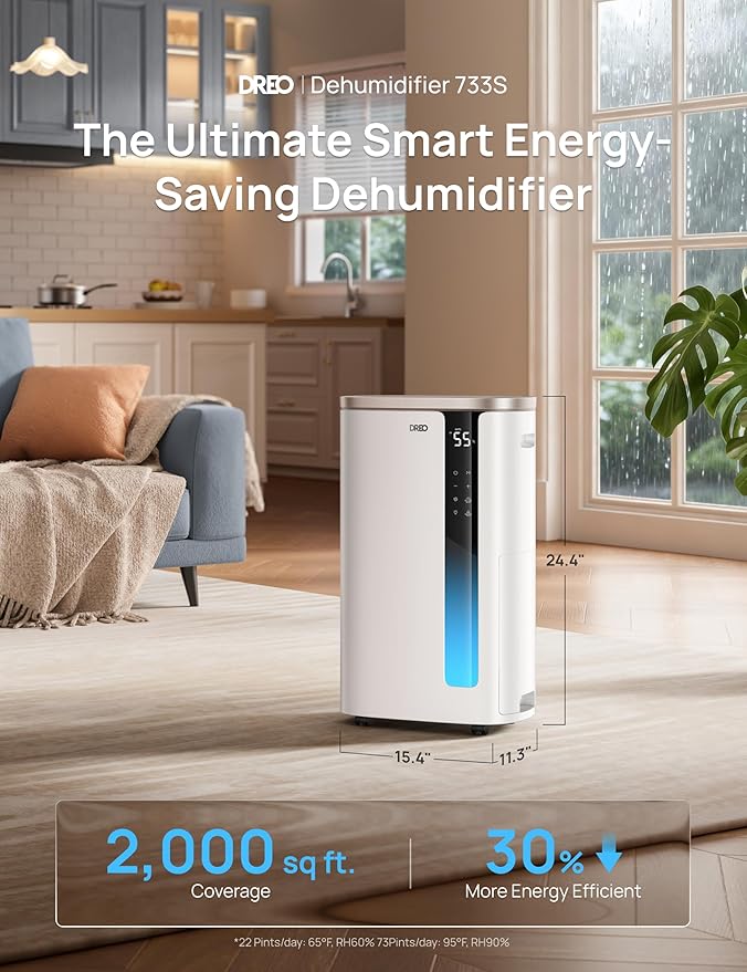 DREO 73 Pint Smart Dehumidifier for Basement, Home & Large Room up to 2000 Sq Ft, Energy Star 6.0 Dehumidifier with Drain Hose, Quiet 42dB, Auto Humidity Control, 3 Fan Speeds, Timer, Continuous Drain