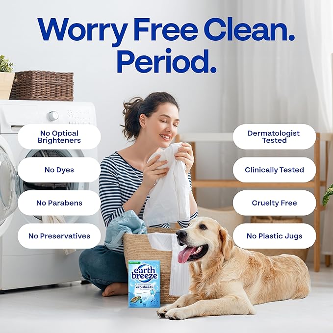 Earth Breeze Laundry Detergent Sheets Fresh Scent - 60 Loads per package. Eco Liquidless Soap - Travel-Friendly for Hot & Cold Cycles, Tackles Tough Stains & Odors - Gentle on Skin, 30 sheets (3 Pack)