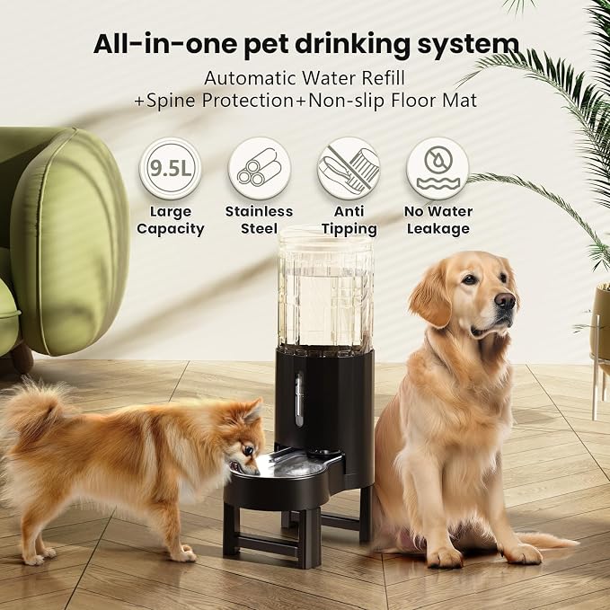 CZPET Elevated Dog Water Bowl Dispenser for Large Dogs (9.5L+Stand,Black) | With Stainless Steel Bowl Gravity Waterer, Large Capacity and Drinking Area Noise-Free for Pets