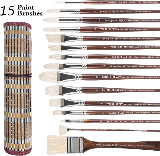 Falling in Art Natural Bristle Professional Paintbrush Set, 15PCS Long Handle Brushes for Acrylic Painting, Oil Paint Brushes of Fan, Round, Flat, Angled, and, Filbert with Storage Pouch, Brown