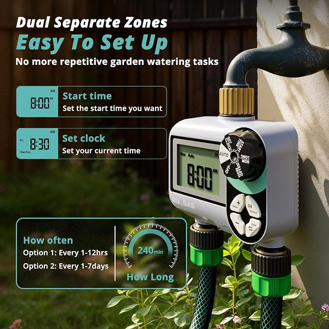 QUOBAS Brass Sprinkler Timer, Programmable Water Hose Timer for Garden Hose Faucet with Waterproof LCD Screen, Rain Delay/Manual/Automatic Irrigation Watering System for Garden, Lawn, Yard - 2 Zone