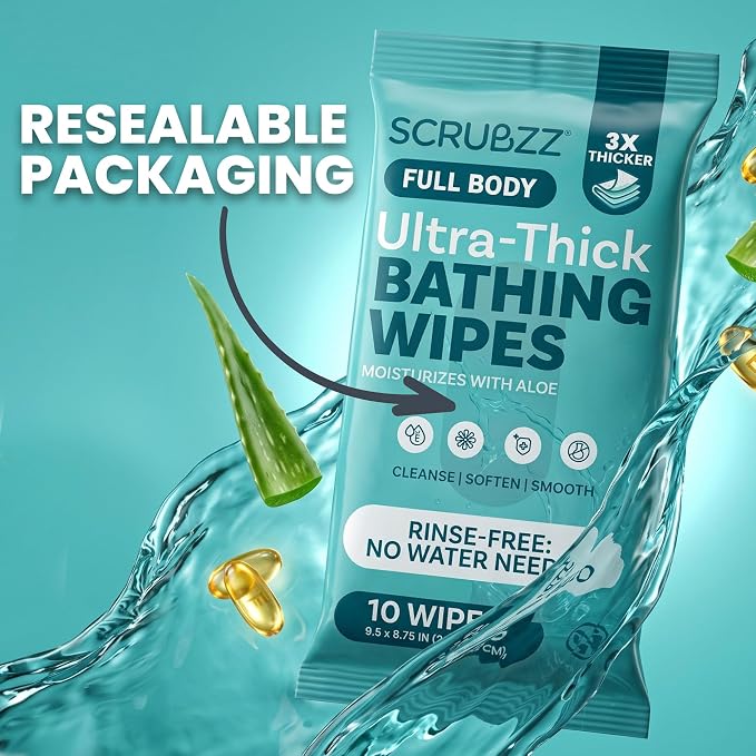 Extra Large Body Wipes for Adults Bathing No Rinse - 40 Ultra Thick Disposable Shower Wipes for Men, Women & Elderly - Great for Gym, Camping, Post Surgery