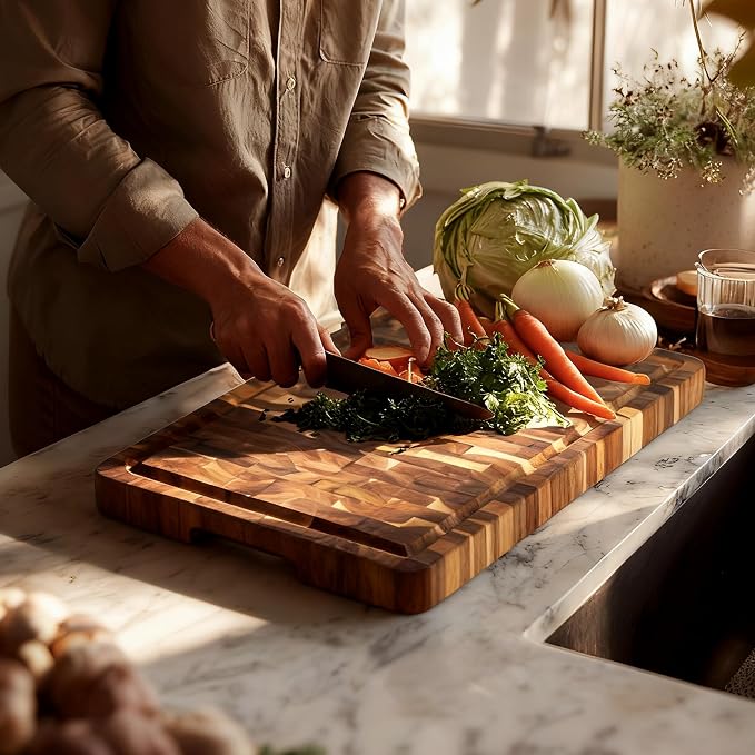 Utoplike Acacia Cutting Board 17 x 12 in, Chopping Boards with Juice Groove | Wood End Grain Reversible Butcher Block with Handles for Meat, Vegetables, Bread, 1.38"Th