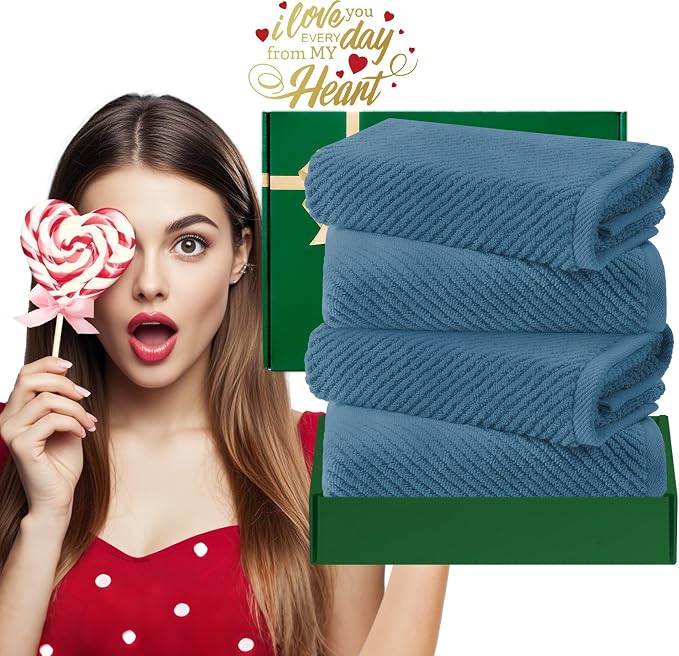 VOOVA & MOVAS Hand Towels 4PC, 100% Cotton, 18x28 in, Dark Blue | Thick, Quick Dry, Soft, Absorbent, Bath Hand Towels, Towel Gift Set, Great For Home, Guest Room, Travel
