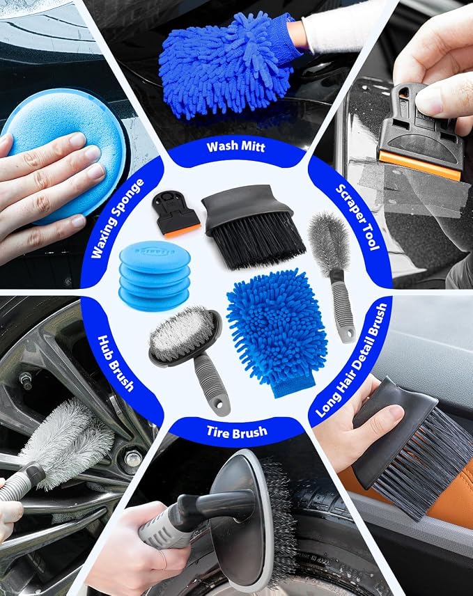 THINKWORK Car Detailing Kit with Foam Gun & Vacuum, 41Pcs Car Cleaning Supplies | Complete Wash Kit, 7600PA Corded Vacuum, Car Wash Mop, 20L Folding Bucket, Detailing Brush Set for Interior & Exterior, Blue