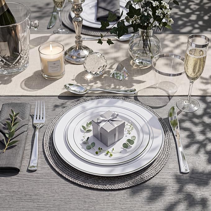 WDF Partyware 350Piece Silver Plastic Dinnerware Set for 50 Guests - Silver Plastic Plates with Cutlery Include:50Dinner Plates-50Dessert Plates-50Pre Rolled Napkins with Silverware Party Wedding