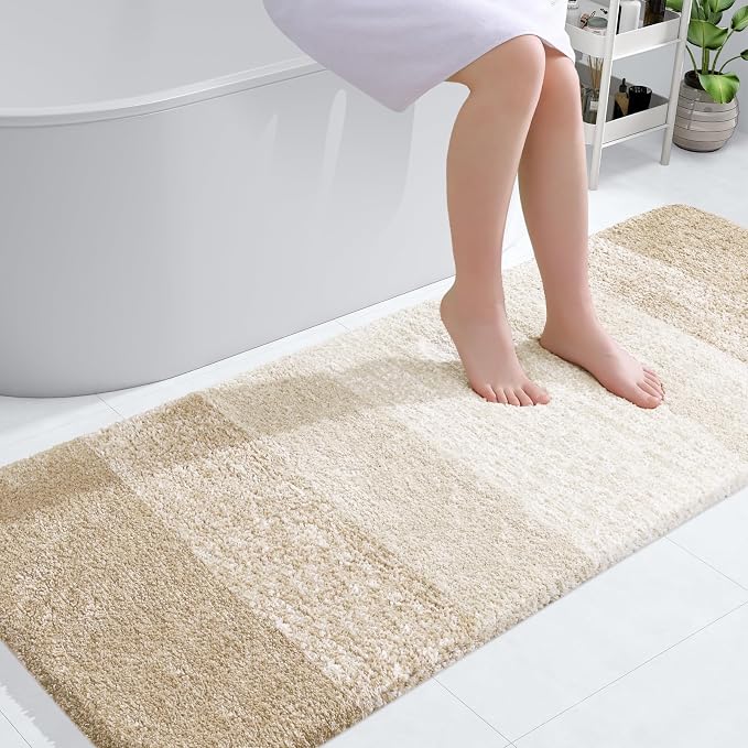 OLANLY Bathroom Runner Rugs Mat 59x24, Extra Soft Absorbent Microfiber Bath Rugs, Rubber Backing, Quick Dry, Washable Long Bath Mats for Bathroom, Tub and Shower, Home Decor Accessories, Light Beige