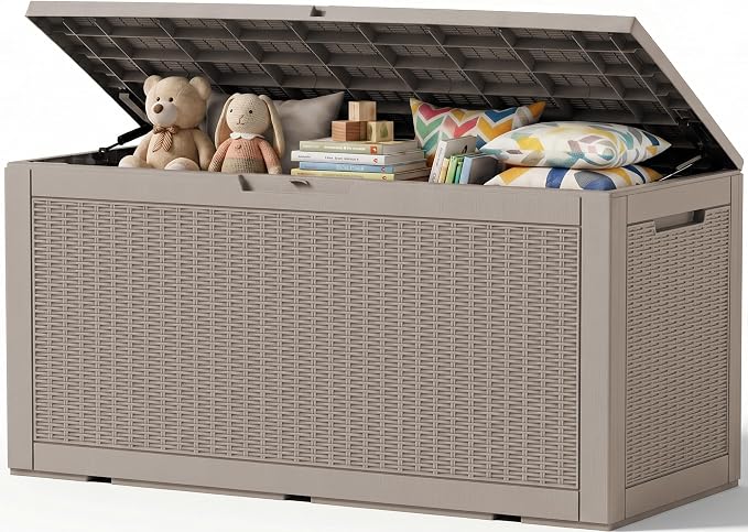 Outdoor Storage Box, 160 Gallon Waterproof Resin Deck Box with Support Rod | UV Resistant Lockable Package Delivery Bin, Shoe, Patio & Garden Tools Storage, Toy Cabinet, Ottoman, Indoor/Outdoor