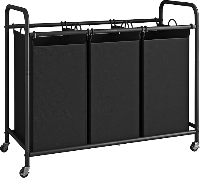 LINZINAR 3 Section Laundry Hamper, Black Laundry Basket 135L Laundry Sorter | Laundry Room Organization with Heavy Duty Rolling Lockable Wheels and Removable Bag, Bedroom Laundry Cart for Clothes Storage