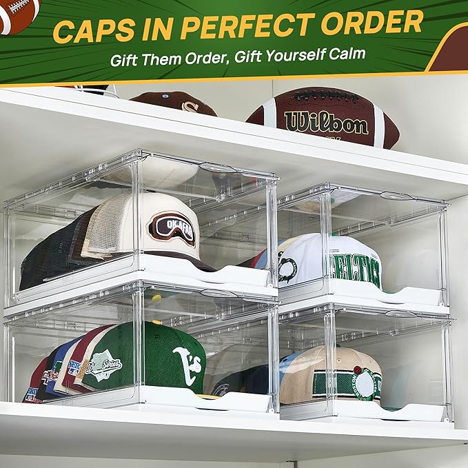 Vtopmart 1 Pack Hat Organizer for Baseball Caps, Clear Hats Holder Box with Drawer, Large Cap Storage with Sliding Tray, Stackable Rack Display Case with Magnetic Door, Each Holds 12 Hats