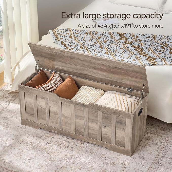 VANKILEY 47.2" Storage Chest Extra Large,Storage Trunk with 2 Safety Hinges,Wooden Storage Bench,Shoe Bench,47.2x15.7x19.1 Inch,Easy Assembly,Storage Bench for Bedroom,Living Room,entryway(Greige).