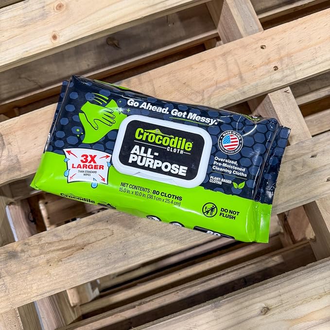 Crocodile Cloth All-Purpose Cleaning Wipes – 80 Count, 15"x10" Extra Large Plant-Based Disposable Cloths – Moist, Absorbent, Safe on Skin, Multi-Surface Use