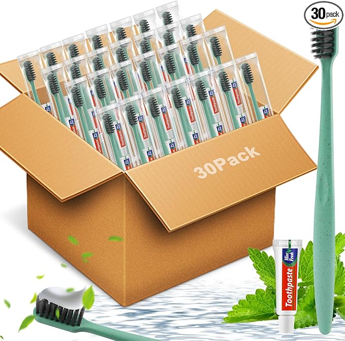 HOFASON Disposable Toothbrushes with Toothpaste, 30 Pack Bulk Travel Toothbrush and Toothpaste Set, Individually Wrapped Travel Size Tooth Brush Paste Kit for Homeless Shelter Charity Church Hotel