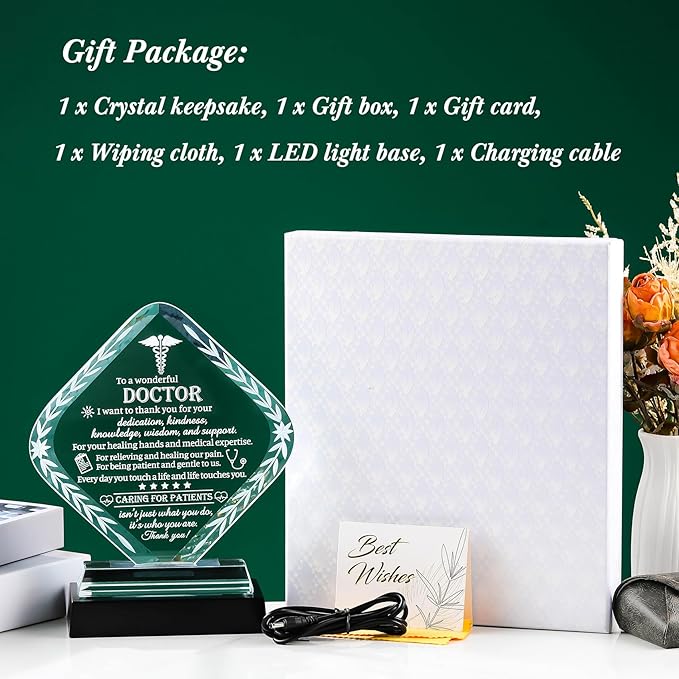 Movdyka Thank You Doctor Gifts for Women Men Crystal Keepsakes with Colorful Light Base Doctor Appreciation Gifts for Famale Male Best Doctors Day Retirement Birthday Plaque Decor