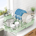 SNTD Dish Drying Rack, Expandable Dish Rack for Kitchen Counter, Stainless Steel Dish Drainer with Drainboard Set and Utensil Holder (Green)
