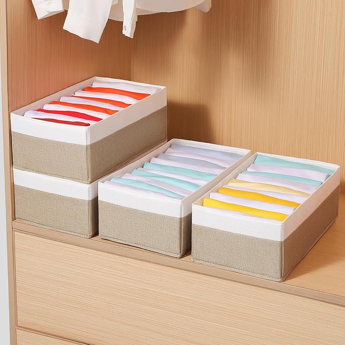 4 Packs T-shirt Drawer Organizers for Clothing,10 Grids Compartment Wardrobe Storage Box, Clothes Organizer for Folded Clothes, T-shirt, Legging-15.75''x9.06''x5.91-BeigeWhite