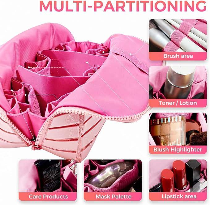 Travel Makeup Organizer Bag with Fold-Down Design and Adjustable Dividers, 27 Pockets & 3 Brush Storage Holders, Large Capacity Cosmetic Bags Toiletry Case - Pink
