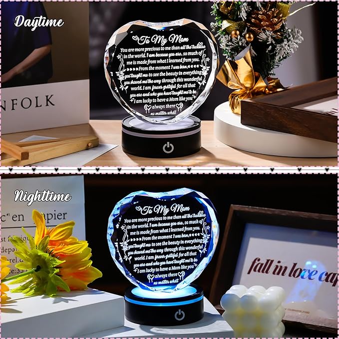 Arikyrist Gifts for Mom from Daughter Son with Colorful LED Base, Unique Moms Birthday Gifts Crystal Heart Keepsakes to My Mom Gift for Mother's Day Thanksgiving Presents for Best Mother Ever