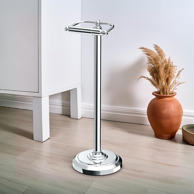 Gatco 1436C Toilet Paper Holder Stand, Chrome Finish, Freestanding Bathroom Floor Stand, Pedestal, Weighted Base, 22 Inch