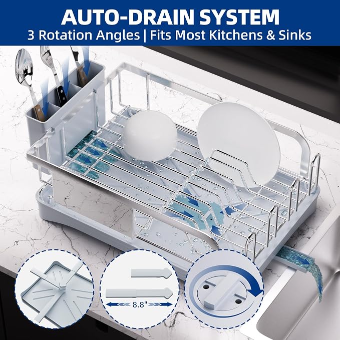 Dish Drying Rack -304 Stainless Steel Dish Rack for Kitchen Counter | Dish Drainer with Cutlery Knife Fork & Cup Rack, Auto-Drain to Sink, Gift for Wife Mothers Her, Home & Family Gadgets, Silver