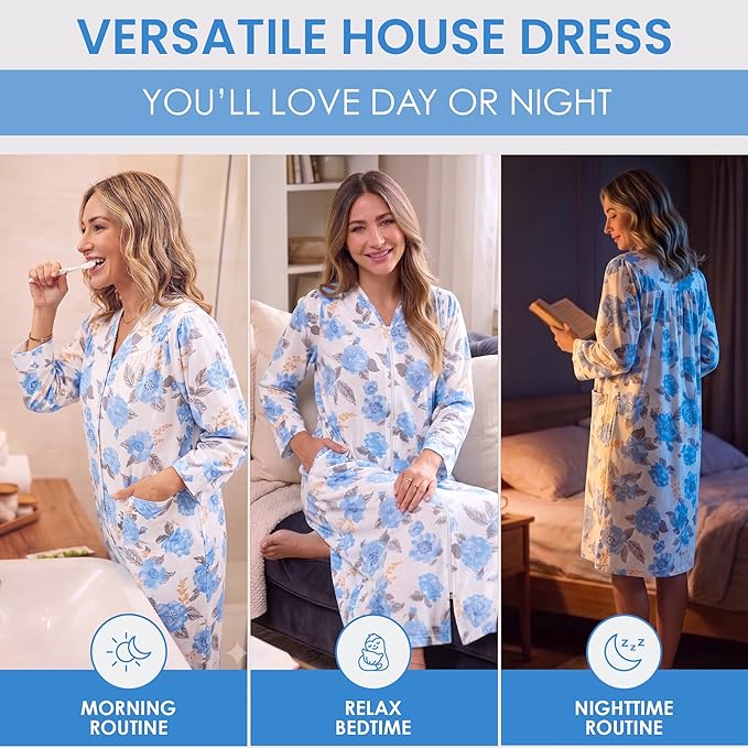 Casual Nights Women's Floral Snap Front Flannel Duster Long Sleeve Lounger Dress