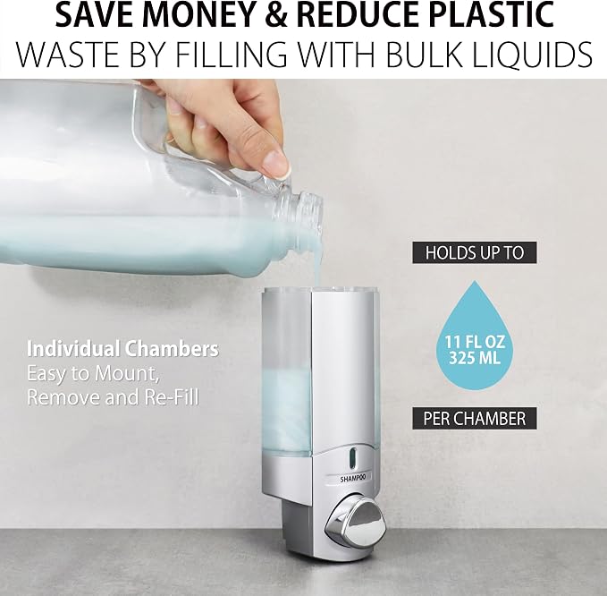Better Living Aviva Shower Dispenser 3 Chamber,Wall Mount Shower Soap Dispenser for Bathroom Hotel Body Wash,Built-in Hooks,No Drill,Waterproof Shampoo Soap-Dispenser,3 x11 oz,Satin Silver,(Pack of 6)