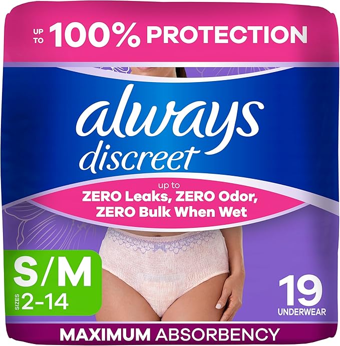 Always Discreet Adult Diapers for Women, Incontinence Underwear, Postpartum Essentials, Disposable Briefs, Max Absorbency, Bladder Leak Protection, Small/Medium, 19ct