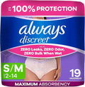 Always Discreet Adult Diapers for Women, Incontinence Underwear, Postpartum Essentials, Disposable Briefs, Max Absorbency, Bladder Leak Protection, Small/Medium, 19ct