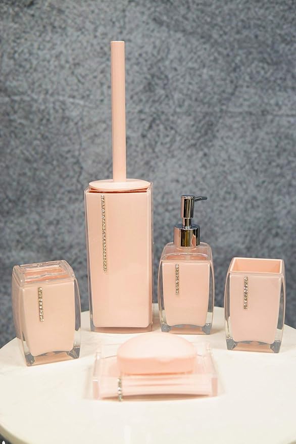 Classy Fashion Modern Chic Austrian Crystals Bathroom Gift Set 6 Piece Accessories Toothbrush Toothpaste Make Up Cosmetic Tools Holders Soap Dish and Pump Dispenser Toilet Brush & Base (Sexy Pink)